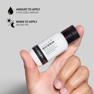 Q10 Serum pack shot annotated with how and when to use it and dimensions of bottle. Text reads 'Amount to apply (pea-sized amount)' and 'When to apply (AM and PM)'