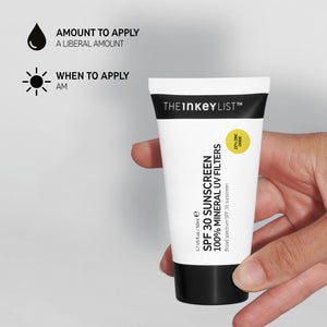 Hand holding a tube of SPF 30 Daily Sunscreen on grey background with black text explaining how and when to use it