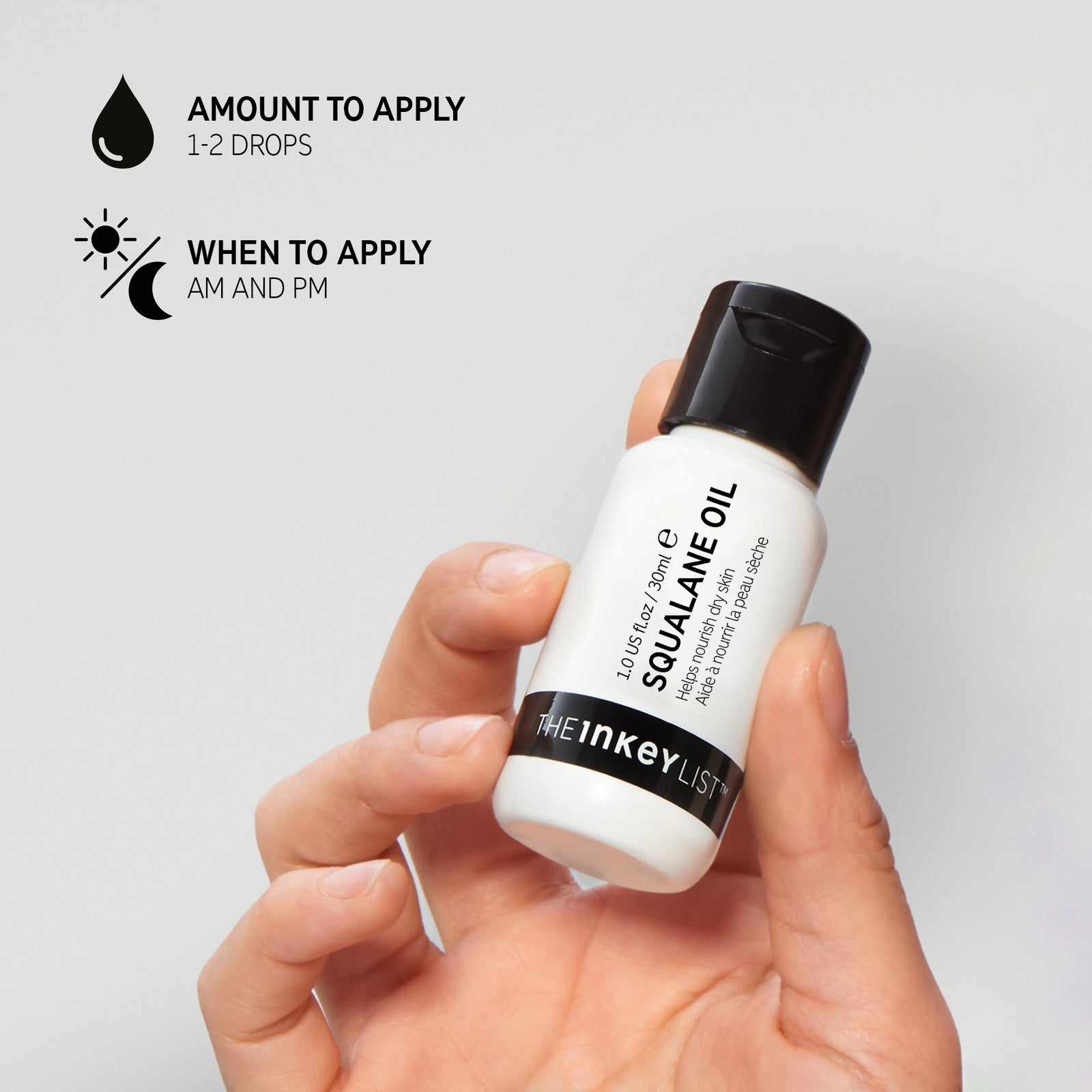 Squalane Oil when to apply in your routine and how much to apply with text explaining 'amount to apply (1-2 drops)' and 'when to apply (AM and PM)'