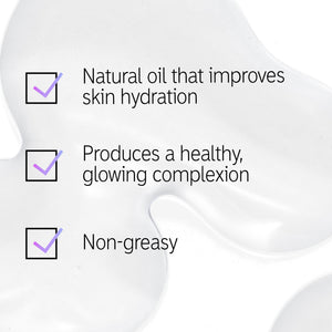 Squalane Oil texture shot with text overlay listing the 3 main benefits of Squalane Oil. 'Natural oil that imrpoves skin hydration', 'Produces a healthy glowing complexion' and 'Non-greasy'